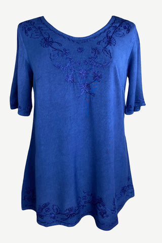 27710 B Medieval Embroidered Round Neck Short Sleeve Tunic Blouse - Agan Traders, Blue