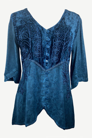 Women's Bohemian Exotic Ari Embroidered Button Down Short Sleeve Tunic Blouse - Agan Traders, Blue