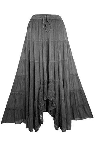 186028 SKT Boho Medieval Crepe Tier Elastic Waistband Front Open Long Skirt Maxi - Agan Traders, Charcoal