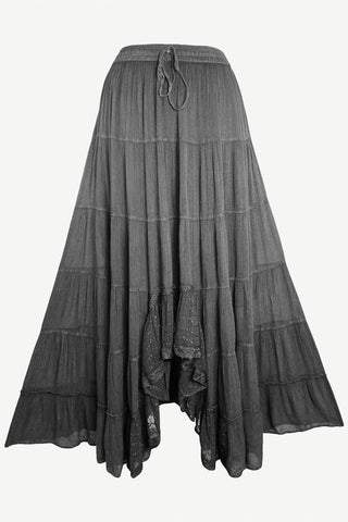 186028 SKT Boho Medieval Crepe Tier Elastic Waistband Front Open Long Skirt Maxi - Agan Traders, Charcoal