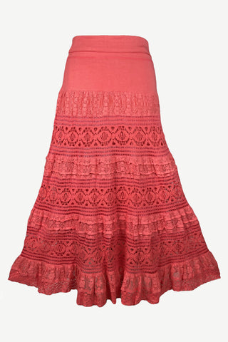 21238 SKT Cotton Lace Tiered Lined Long Skirt - Agan Traders, Coral