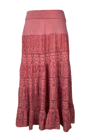 1701 SKT Boho Gothic Tiered Lace Net Waistband Long Flared Cotton Skirt Maxi - Agan Traders, Dusty Pink