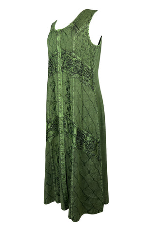 1151 DR Women’s Boho Summer Sleeveless Embroidered Button Down Sun Dress Gown - Agan Traders, Green