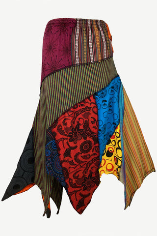 R 408 Women's Gypsy Tribal Boho Knit Cotton Asymmetrical Printed Patch Skirt Maxi - Agan Traders; Multi 408