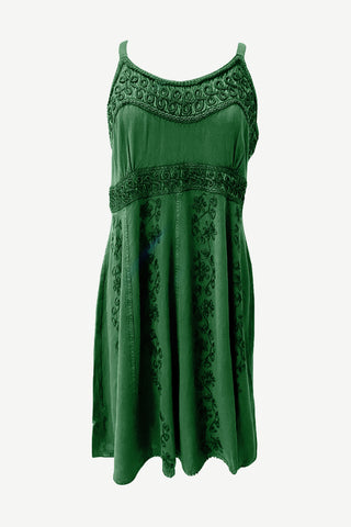 186017 DR Bohemian Spaghetti Strap Embroidered Smocked Elastic Mid Calf Sun Dress - Agan Traders, E green 