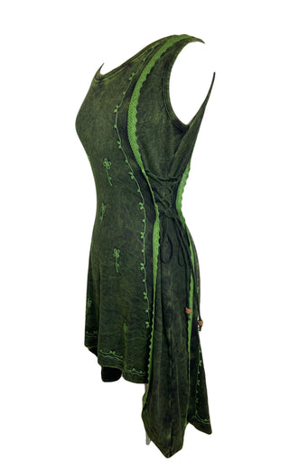 R 309 DR High Low Rib Cotton Stretchy Sleeveless Embroidered Mid Length Dress - Agan Traders, Green