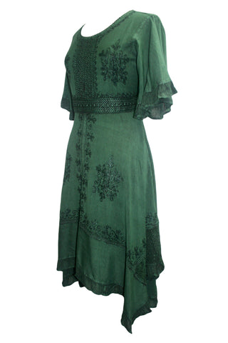 186014 DR Bohemian Asymmetrical Hem Ruffle Embroidered Casual Chic Dress - Agan Traders, E Green