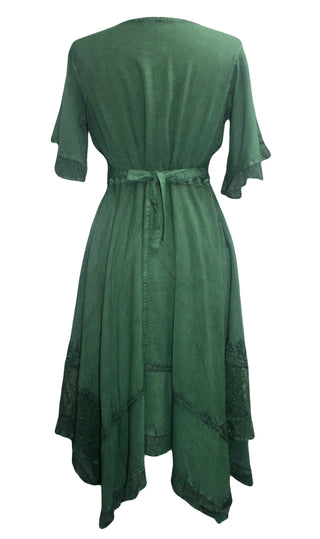 186014 DR Bohemian Asymmetrical Hem Ruffle Embroidered Casual Chic Dress - Agan Traders, E Green