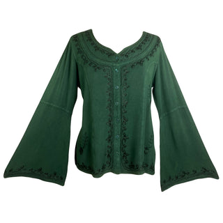 Gypsy Medieval Embroidered Gothic Peasant Top Bell Blouse - Agan Traders, Green