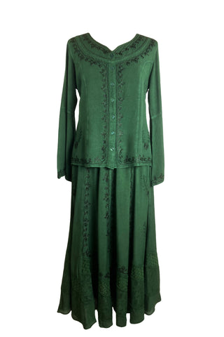 Gypsy Medieval Embroidered Gothic Peasant Top Bell Blouse - Agan Traders, Green