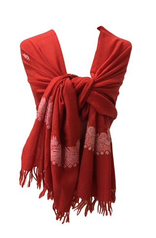 100% Wool Embroidered Soft Floral Cashmere Pashmina High-Quality Shawl - Agan Traders, Orange Red