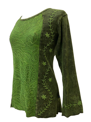  267 Bohemian Stonewashed Embroidered  Tie-dye Long Sleeve Shirt Blouse - Agan Traders, Green