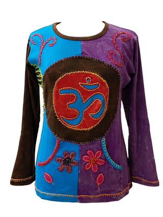 Rib Cotton Funky "Om" Embroidered Bohemian Gypsy Top Blouse - Agan Traders, Multi