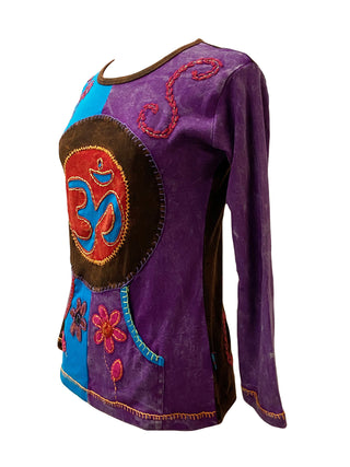 Rib Cotton Funky "Om" Embroidered Bohemian Gypsy Top Blouse - Agan Traders, Multi