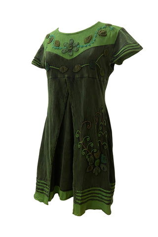 R 309 DR Rib Cotton Light Weight Razor Cut Patched Summer Cap Sleeve Knee Length Dress - Agan Traders, Green