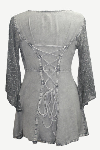18607 B Medieval Gothic Embroidered Button Down Sheer Lace Sleeve Top Blouse - Agan Traders, Silver