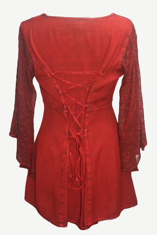 18607 B Medieval Gothic Embroidered Button Down Sheer Lace Sleeve Top Blouse - Agan Traders, B Red