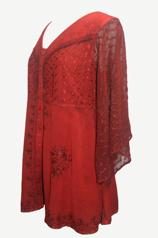 18607 B Medieval Gothic Embroidered Button Down Sheer Lace Sleeve Top Blouse - Agan Traders, B Red