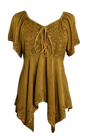 18605 B Bohemian Asymmetrical Hem Front Rope Tie Short Sleeve Blouse - Agan Traders, Old Gold