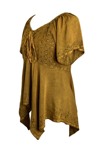 18605 B Bohemian Asymmetrical Hem Front Rope Tie Short Sleeve Blouse - Agan Traders, Old Gold