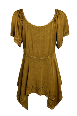 18605 B Bohemian Asymmetrical Hem Front Rope Tie Short Sleeve Blouse - Agan Traders, Old Gold