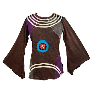 R 007 Agan Traders Knit Cotton Bellsleeve Boho Gypsy Top Blouse - Agan Traders, Brown Turquoise