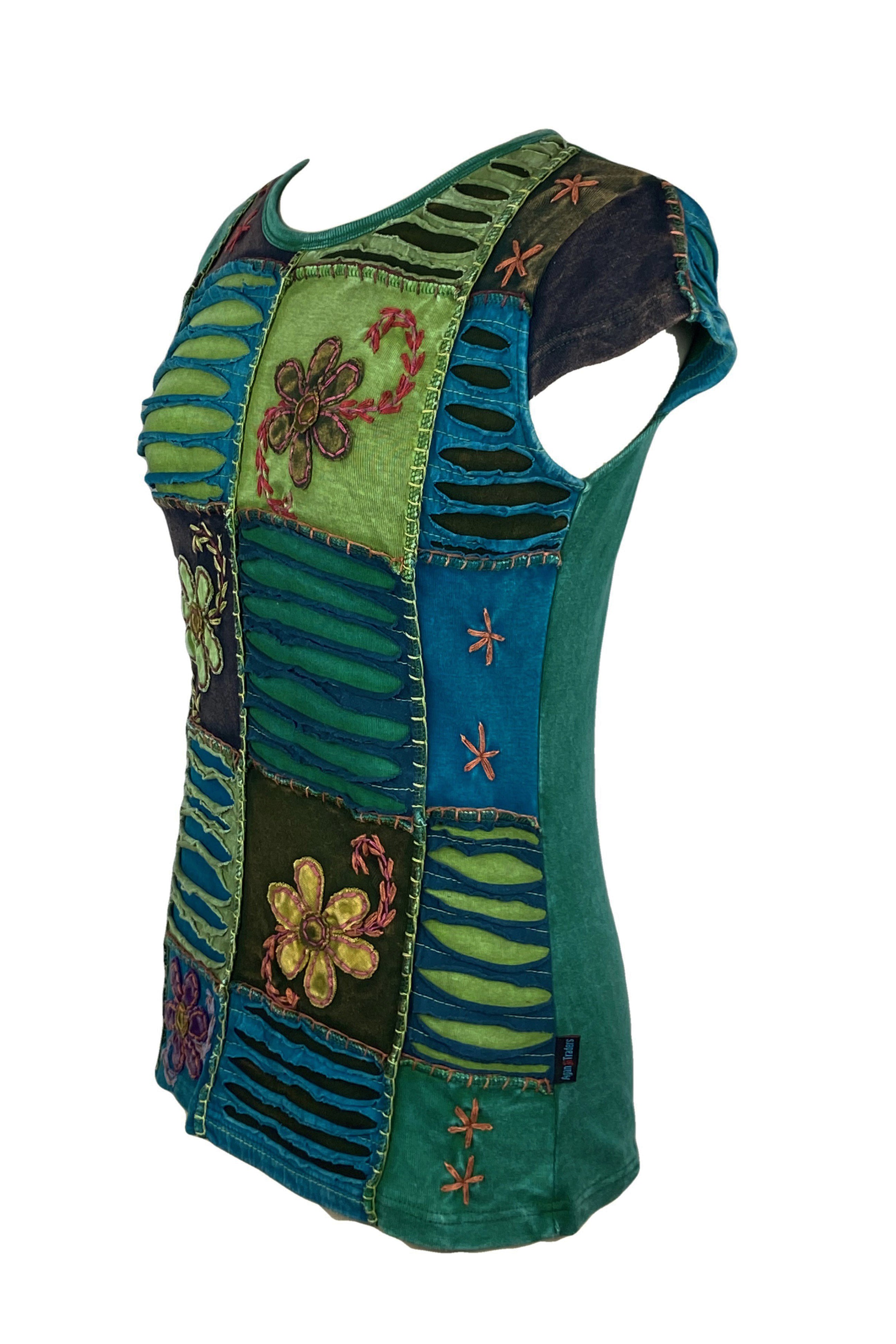 Multicolored Floral Embroidery Stonewashed Cotton Tank Top, Tunic-Shirt, Multicoloured