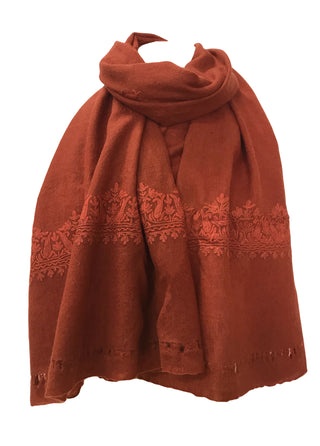100% Wool Embroidered Soft Floral Cashmere Pashmina High-Quality Shawl - Agan Traders, Rust