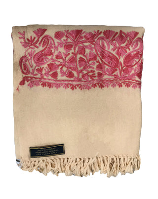 100% Wool Embroidered Soft Floral Cashmere Pashmina High-Quality Shawl - Agan Traders, Beige