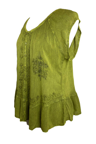 27713 B Medieval  Embroidered Button Down Light Weight Cap Sleeve Shirt Blouse - Agan Traders, Lime Green