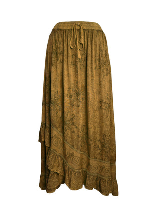 Gypsy Medieval Embroidered Asymmetrical Cross Ruffle Hem Skirt - Agan Traders, Old Gold