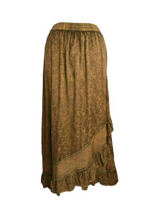 Gypsy Medieval Embroidered Asymmetrical Cross Ruffle Hem Skirt - Agan Traders, Old Gold