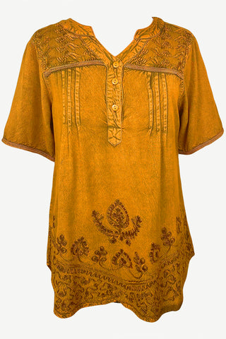 9011 B Bohemian Mandarin Style Three Button Embroidered Shirt Blouse - Agan Traders, Old Gold