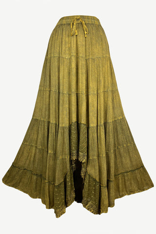 186028 SKT Boho Medieval Crepe Tier Elastic Waistband Front Open Long Skirt Maxi - Agan Traders,  Olive