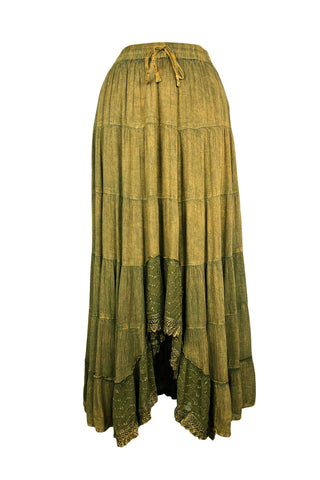 186028 SKT Boho Medieval Crepe Tier Elastic Waistband Front Open Long Skirt Maxi - Agan Traders,  Olive 