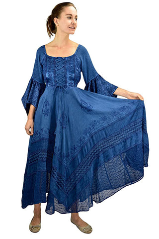 Medieval Gothic Bohemian Embroidered Handkerchief Flare Corset Dress Gown - Agan Traders, Navy Blue