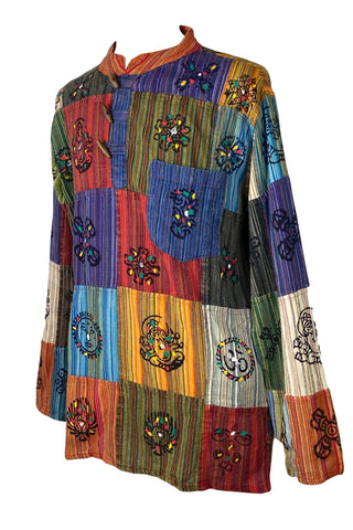 Light Weight Cotton Patchwork Mandarin Style Henley Tunic Kurta Shirt Top - Agan Traders, Multi 1