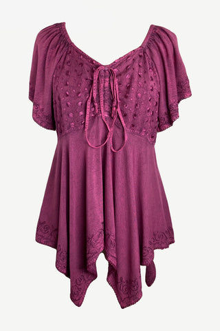 18605 B Bohemian Asymmetrical Hem Front Rope Tie Short Sleeve Blouse - Agan Traders, Plum