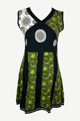 Women's Gypsy Tribal Boho Knit Cotton Asymmetrical Printed Maxi Dress - Agan Traders, Olive Black