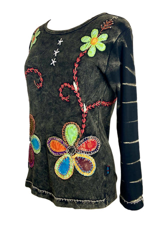 Knit Cotton Flower Embroidery Cotton Bohemian Top Blouse - Agan Traders, Charcoal