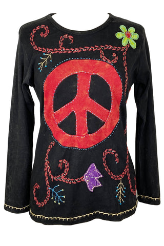 Rib Cotton Peace Patch Embroidered Boho Gypsy Top Blouse - Agan Traders, Black Red