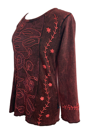 267 Bohemian Stonewashed Embroidered Tie-dye Long Sleeve Shirt Blouse - Agan Traders, Burgundy