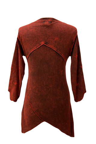 R 303 B Rib Knit Cotton Asymmetrical Hem Embroidered 3/4 Sleeve Tunic Blouse - Agan Traders, Burgundy
