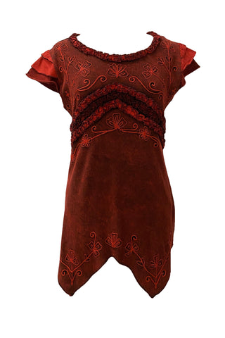 R 304 B Knit Cotton Round Neck Gauzy Lace Embroidered Cap Sleeve Tunic Blouse - Agan Traders, Burgundy