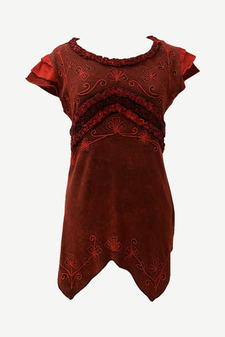 R 304 B Knit Cotton Round Neck Gauzy Lace Embroidered Cap Sleeve Tunic Blouse - Agan Traders, Burgundy