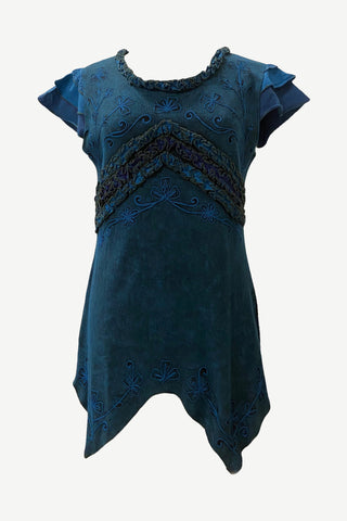 R 304 B Knit Cotton Round Neck Gauzy Lace Embroidered Cap Sleeve Tunic Blouse - Agan Traders, Blue
