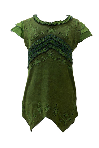 R 304 B Knit Cotton Round Neck Gauzy Lace Embroidered Cap Sleeve Tunic Blouse - Agan Traders, Green