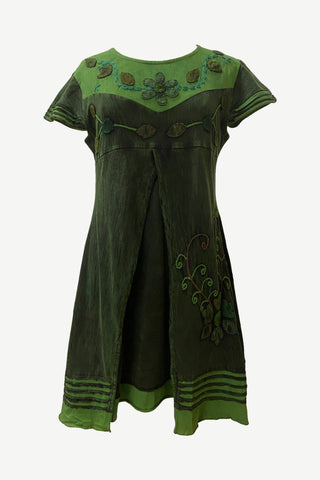 R 309 DR Rib Cotton Light Weight Razor Cut Patched Summer Cap Sleeve Knee Length Dress - Agan Traders, Green