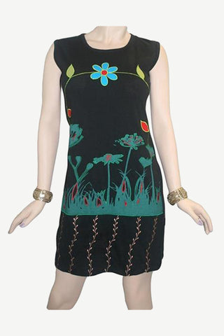 RD 16 Agan Traders Nepal Bohemian Gypsy Knit Cotton Knee Length Summer Dress - Agan Traders, Green Black