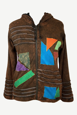 Rib Cotton Assymetrical Patches Bohemian Fleece Jacket Hoodie - Agan Traders, Rust Denim